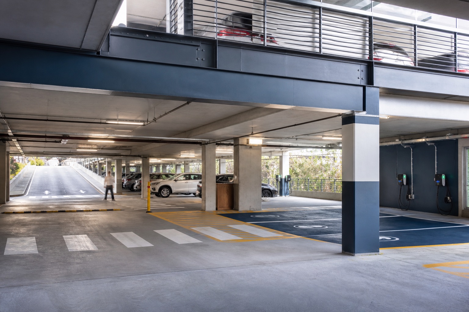Modern Australian multi-level parking facility with electric vehicle charging bays