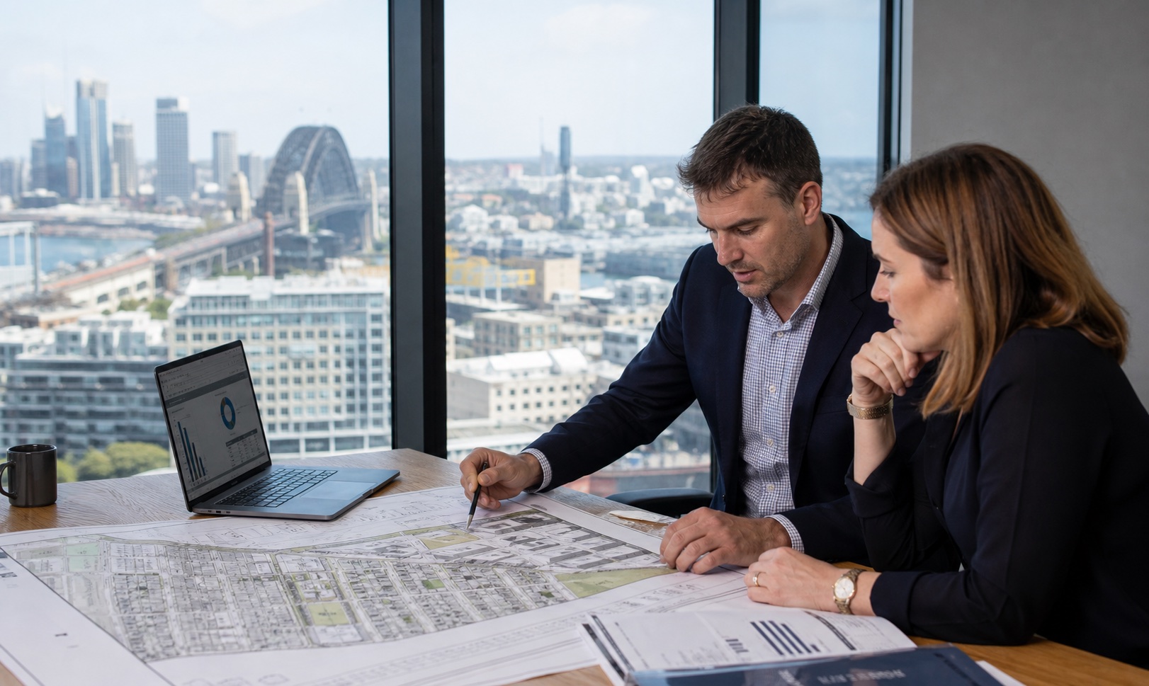 Australian property analysts reviewing an urban parking location and operating data