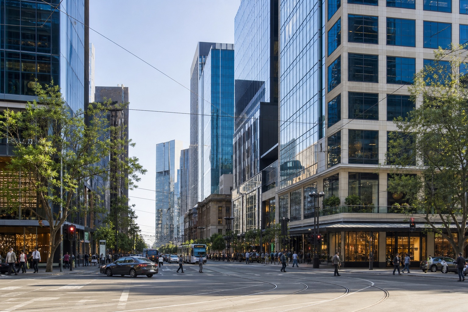 Australian mixed-use business district with commercial buildings and transport links