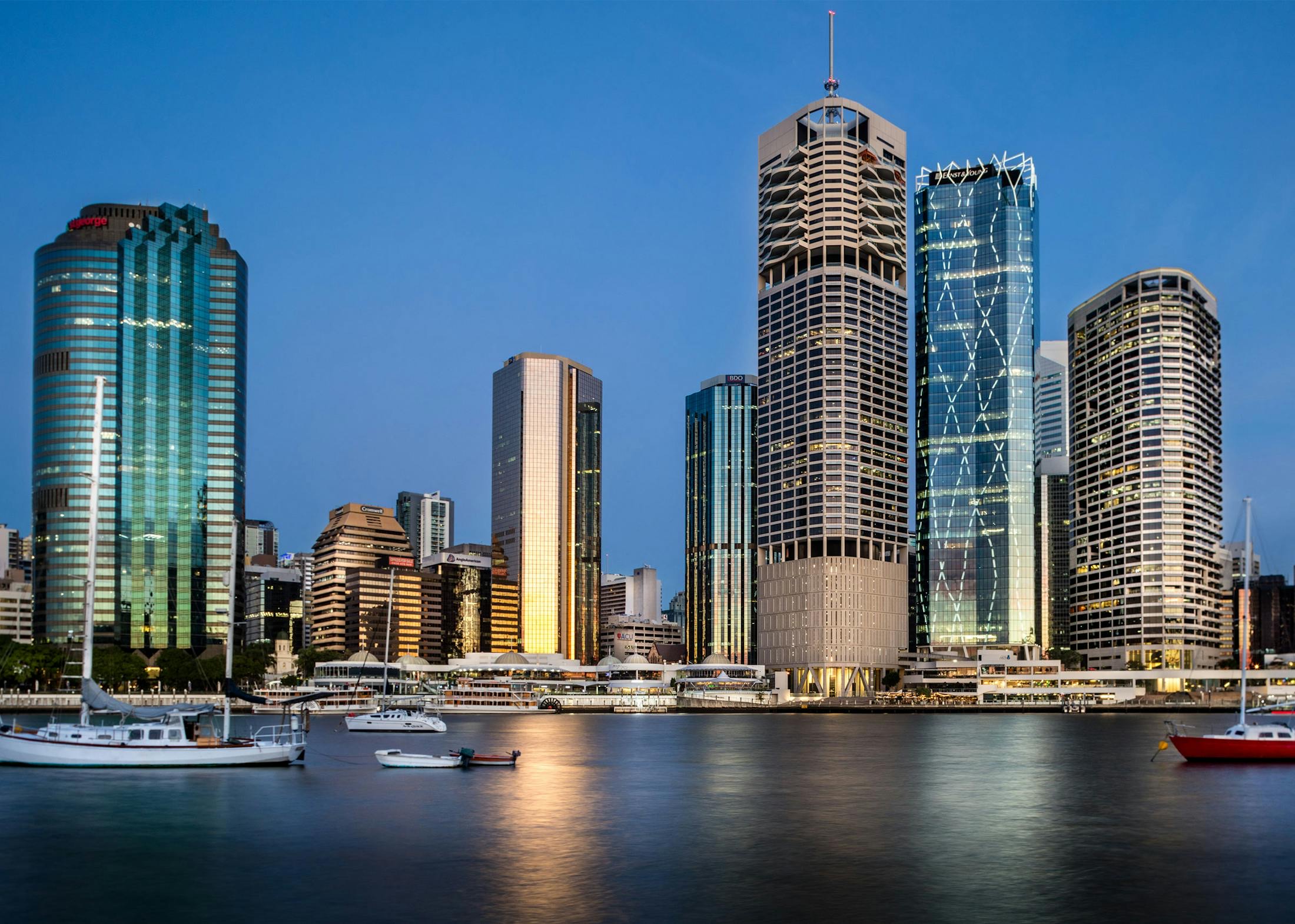 Riverside Centre and Brisbane riverfront skyline at Eagle Street